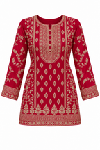 Rani Pink | Tunic front with gold neckline, floral and border embroidery