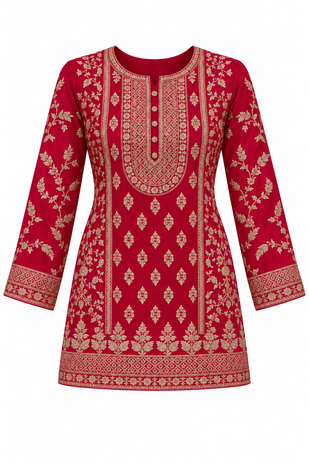 Rani Pink | Tunic front with gold neckline, floral and border embroidery