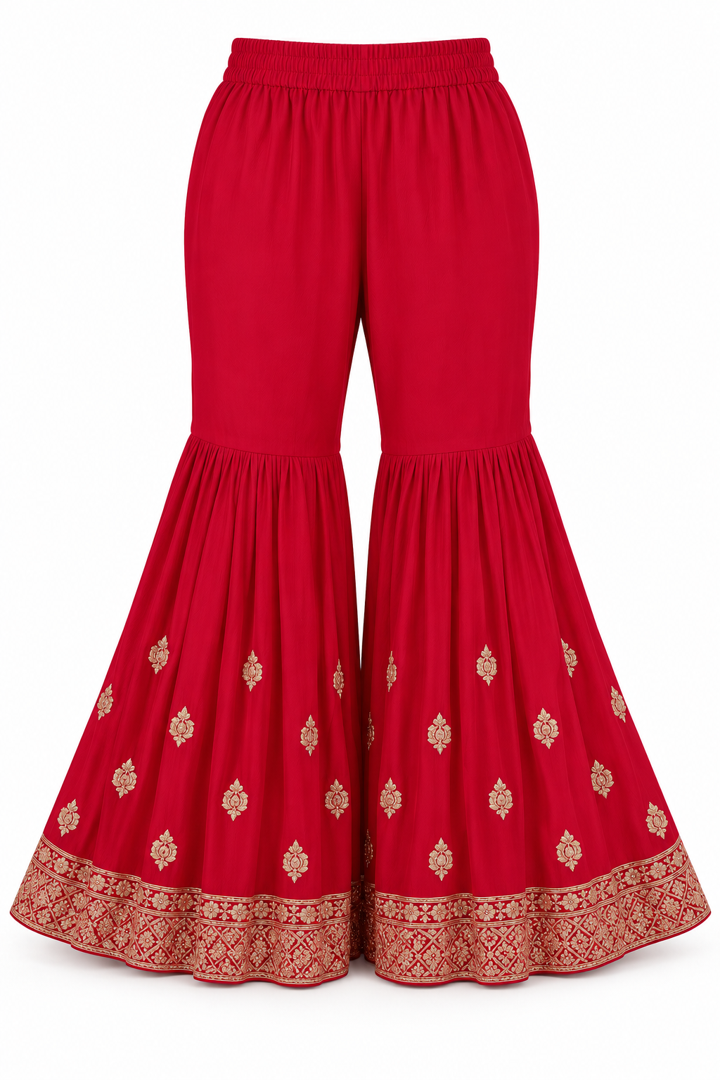 Rani Pink | Flared trousers with gold motifs and embroidered hem