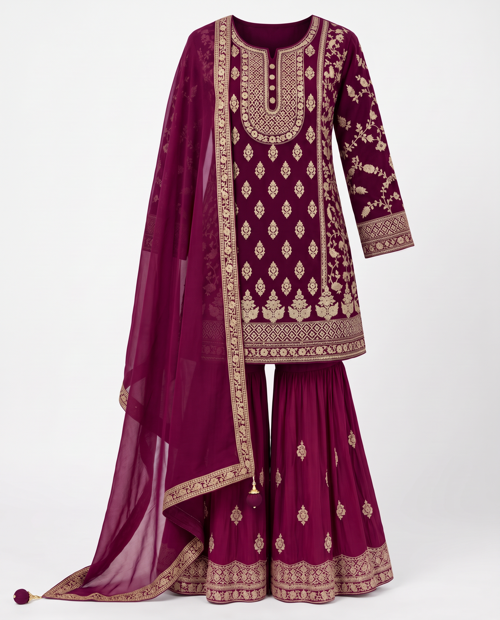 Wine Plum | Complete three-piece outfit with gold embroidery, flared trousers and matching dupatta, front view