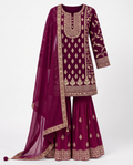 Wine Plum | Complete three-piece outfit with gold embroidery, flared trousers and matching dupatta, front view