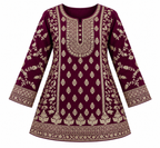 Wine Plum | Tunic front with gold neckline, floral and border embroidery