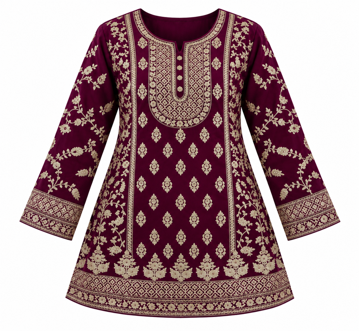 Wine Plum | Tunic front with gold neckline, floral and border embroidery