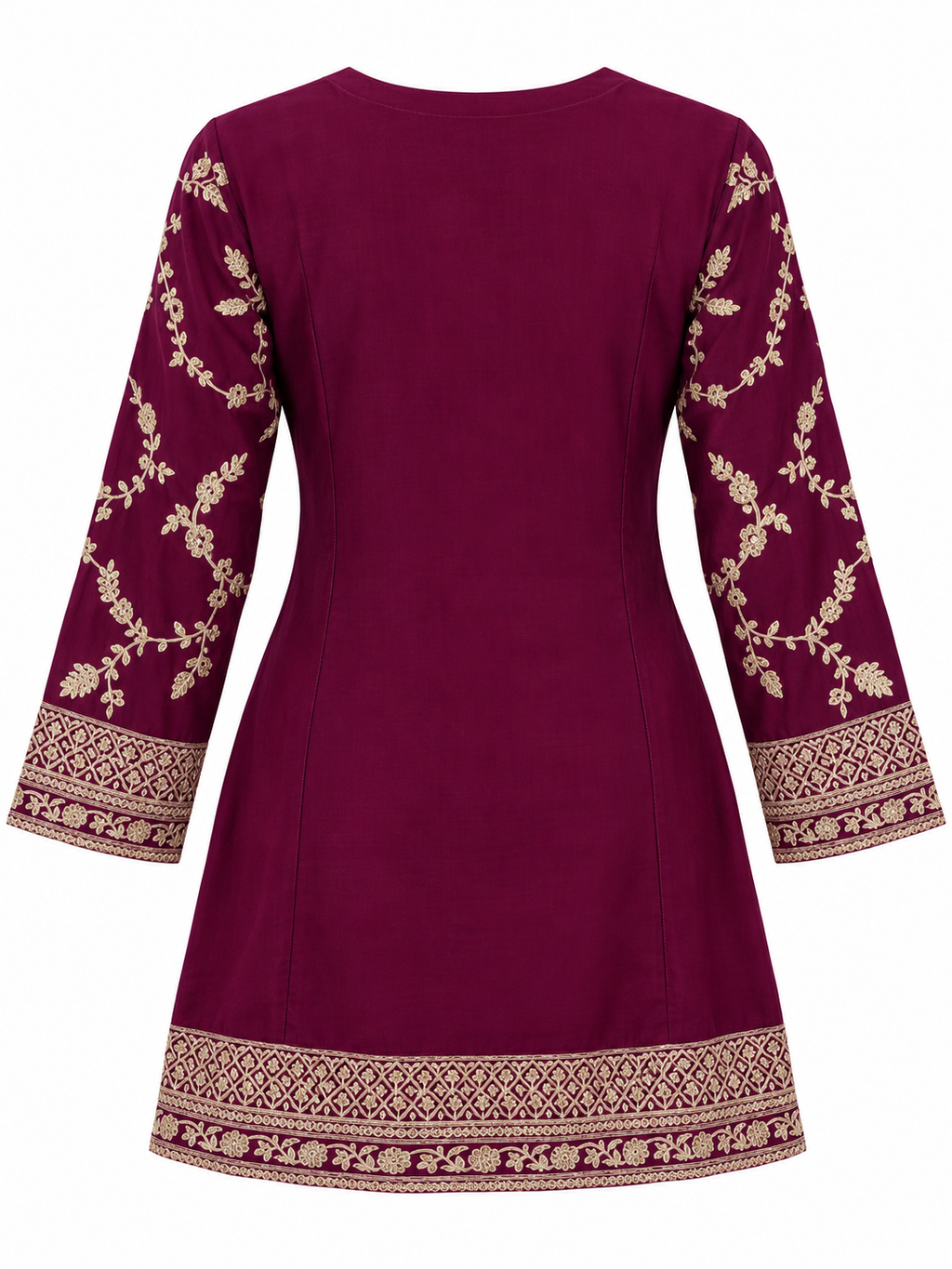 Wine Plum | Tunic back with gold sleeve and hem embroidery