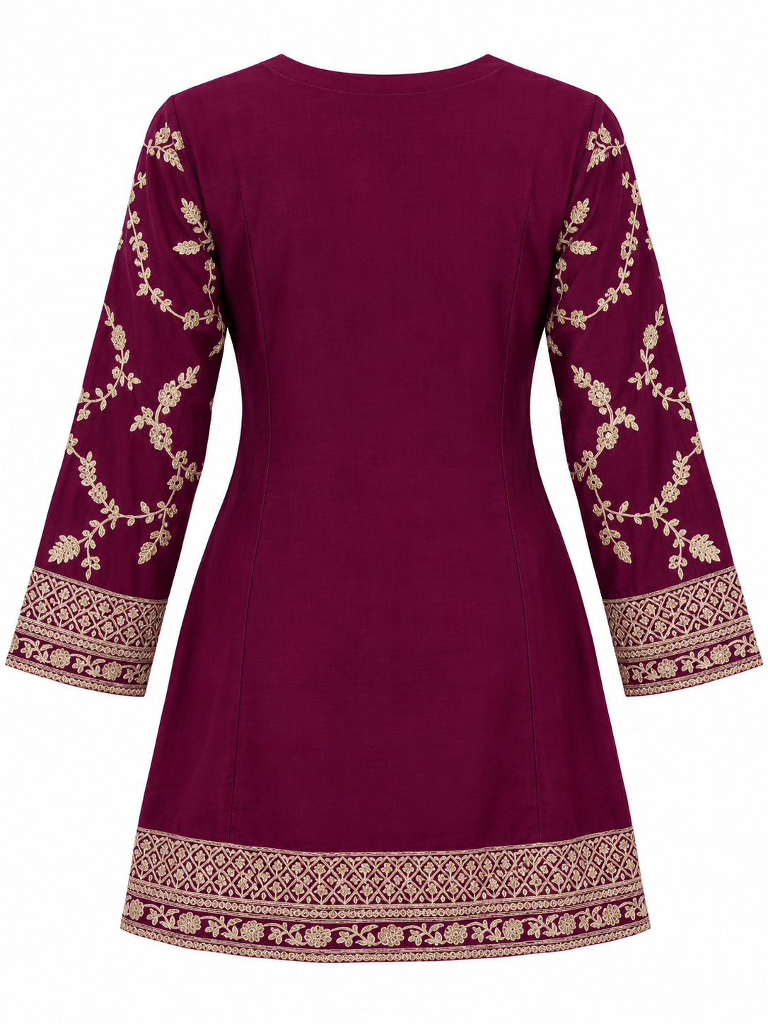 Wine Plum | Tunic back with gold sleeve and hem embroidery