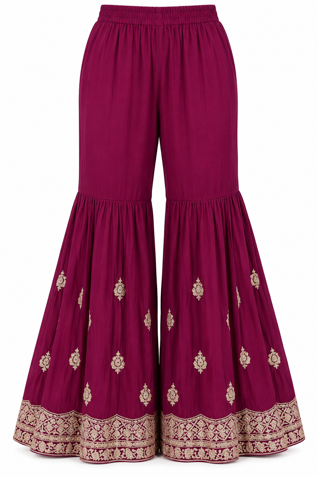 Wine Plum | Flared trousers with gold motifs and embroidered hem