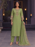 Sage Olive | Gulabo Garden Bloom Kurta Set | AI-styled model view of the complete embroidered kurta, trousers and dupatta