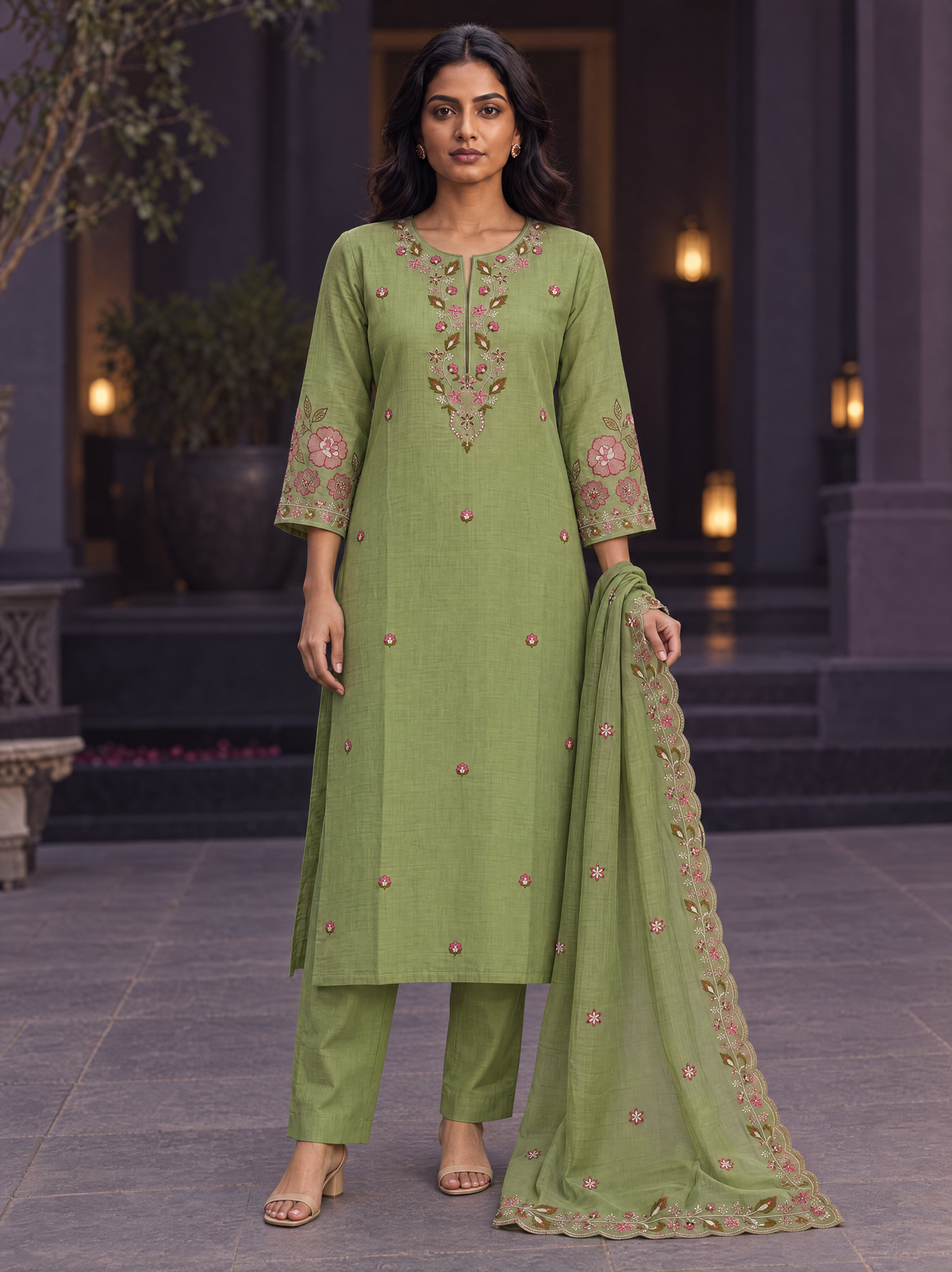 Sage Olive | Gulabo Garden Bloom Kurta Set | AI-styled model view of the complete embroidered kurta, trousers and dupatta