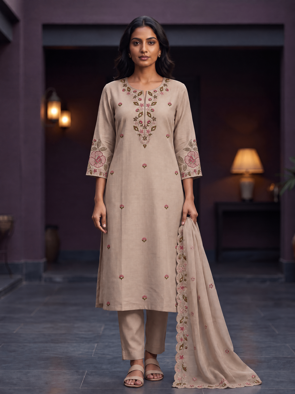 Sandstone Beige | Gulabo Garden Bloom Kurta Set | AI-styled model view of the complete embroidered kurta, trousers and dupatta