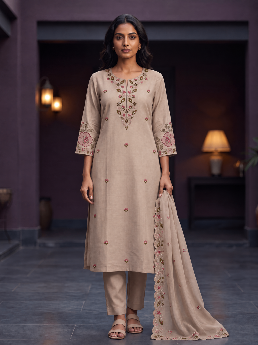 Sandstone Beige | Gulabo Garden Bloom Kurta Set | AI-styled model view of the complete embroidered kurta, trousers and dupatta