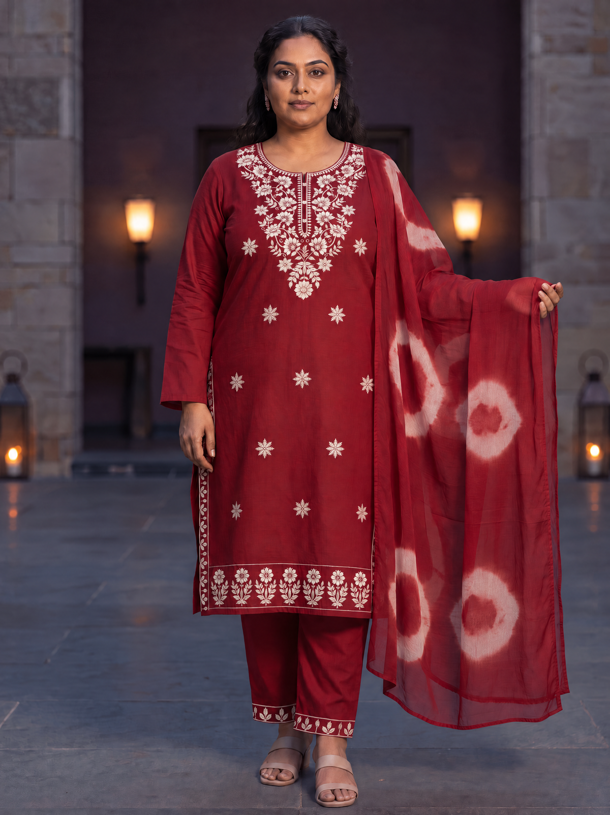 Garnet | Gulnaar Plus-Size Cotton Embroidered 3-Piece Set | AI-styled model view of the complete kurta, trousers and dupatta