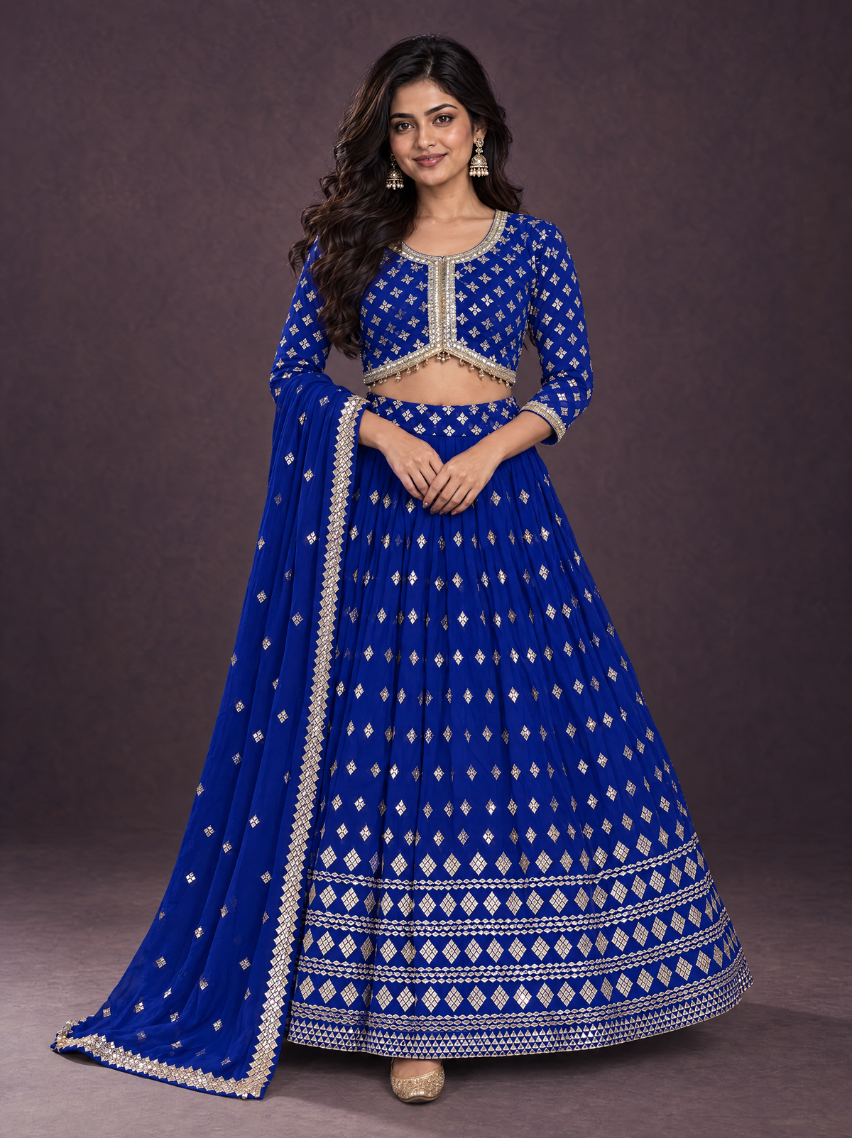 Royal Blue | Heritage Mirror Lehenga Set | AI-styled model view of the complete mirror-work blouse, lehenga skirt and matching dupatta