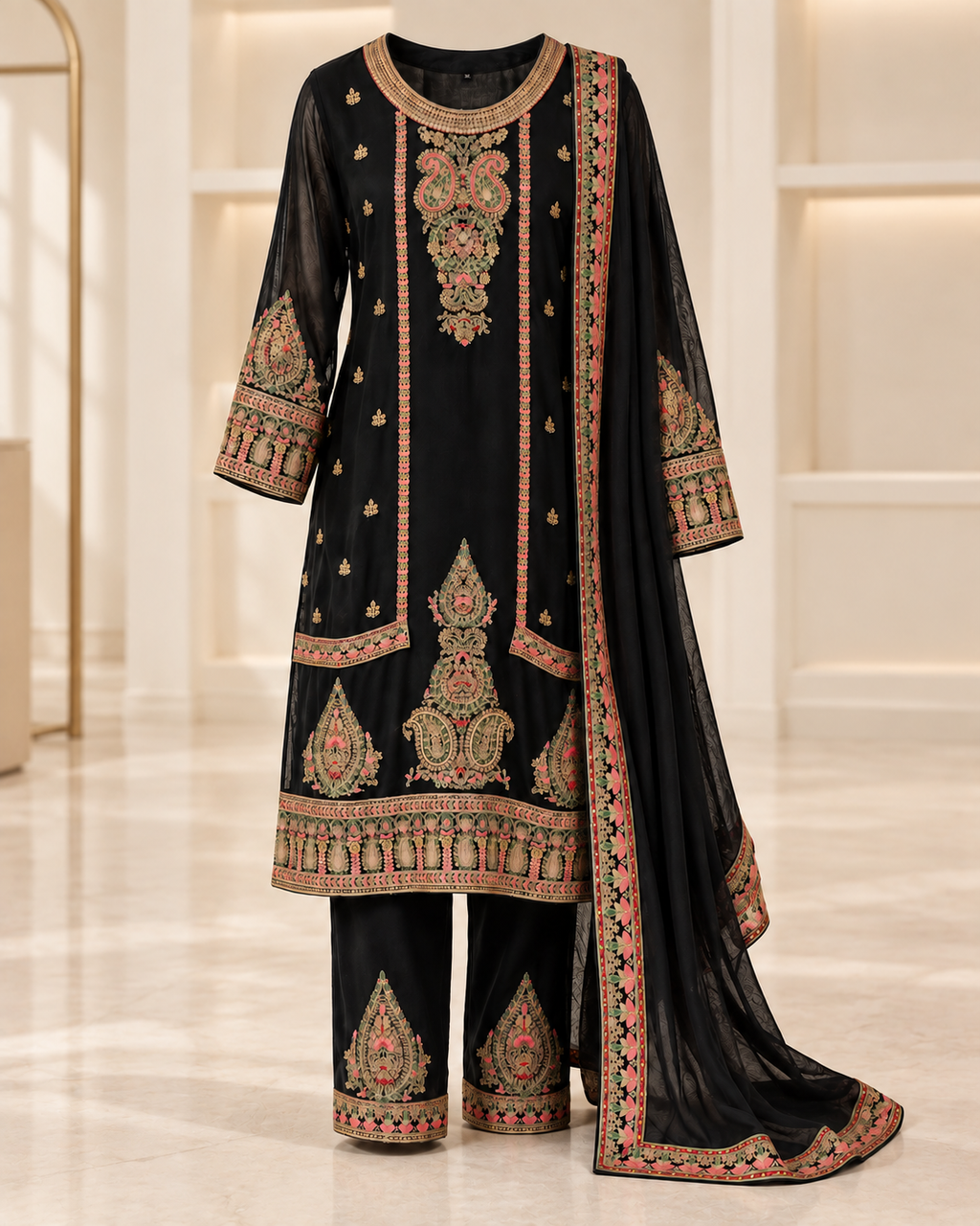 Black | Meher Embroidered Three-Piece Straight-Pant Set | complete three-piece outfit front view