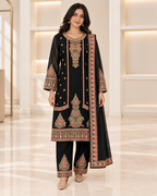 Black | Meher Embroidered Three-Piece Straight-Pant Set | model wearing the complete outfit