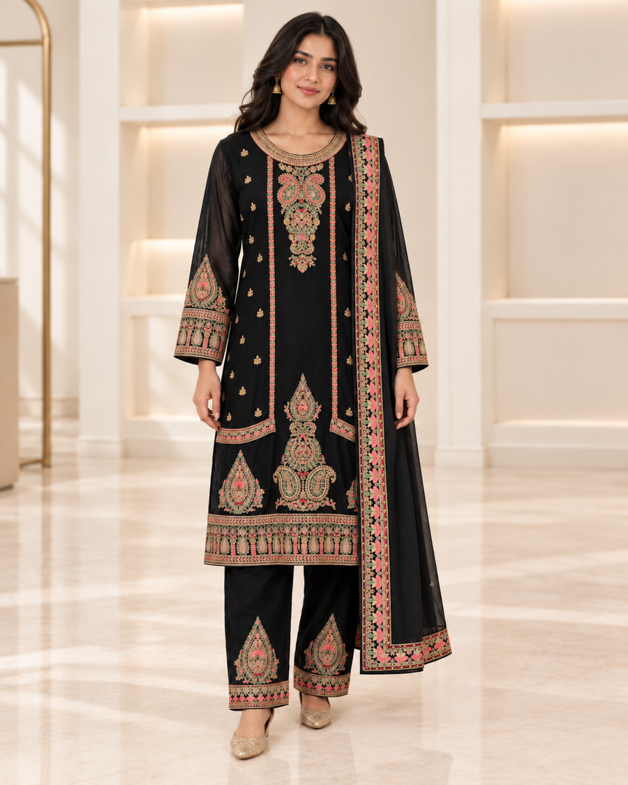 Black | Meher Embroidered Three-Piece Straight-Pant Set | model wearing the complete outfit