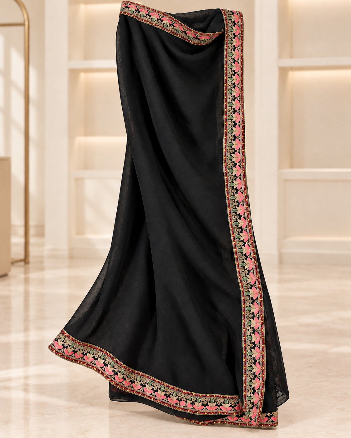 Black | Meher Embroidered Three-Piece Straight-Pant Set | dupatta scarf