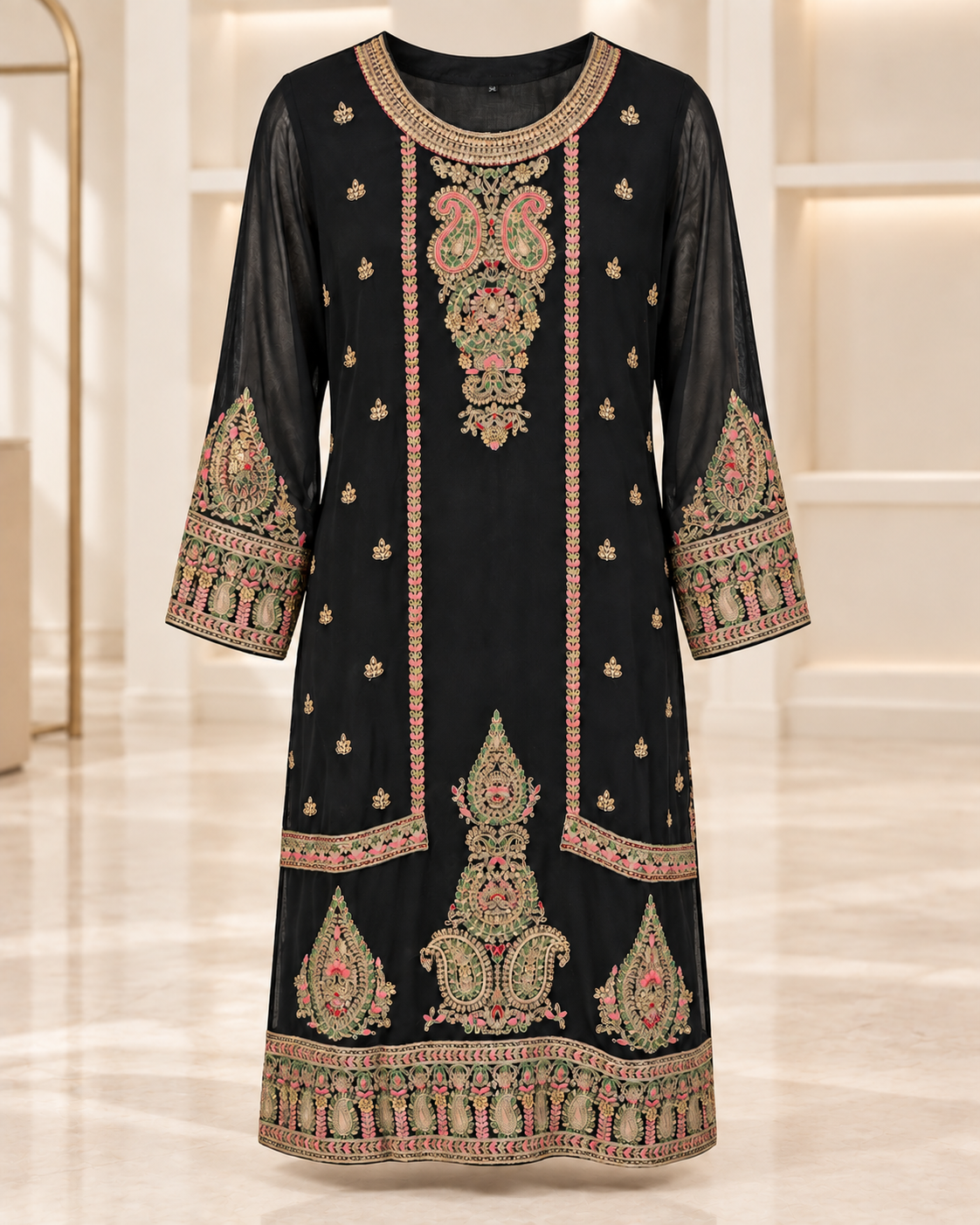 Black | Meher Embroidered Three-Piece Straight-Pant Set | embroidered kurta front view