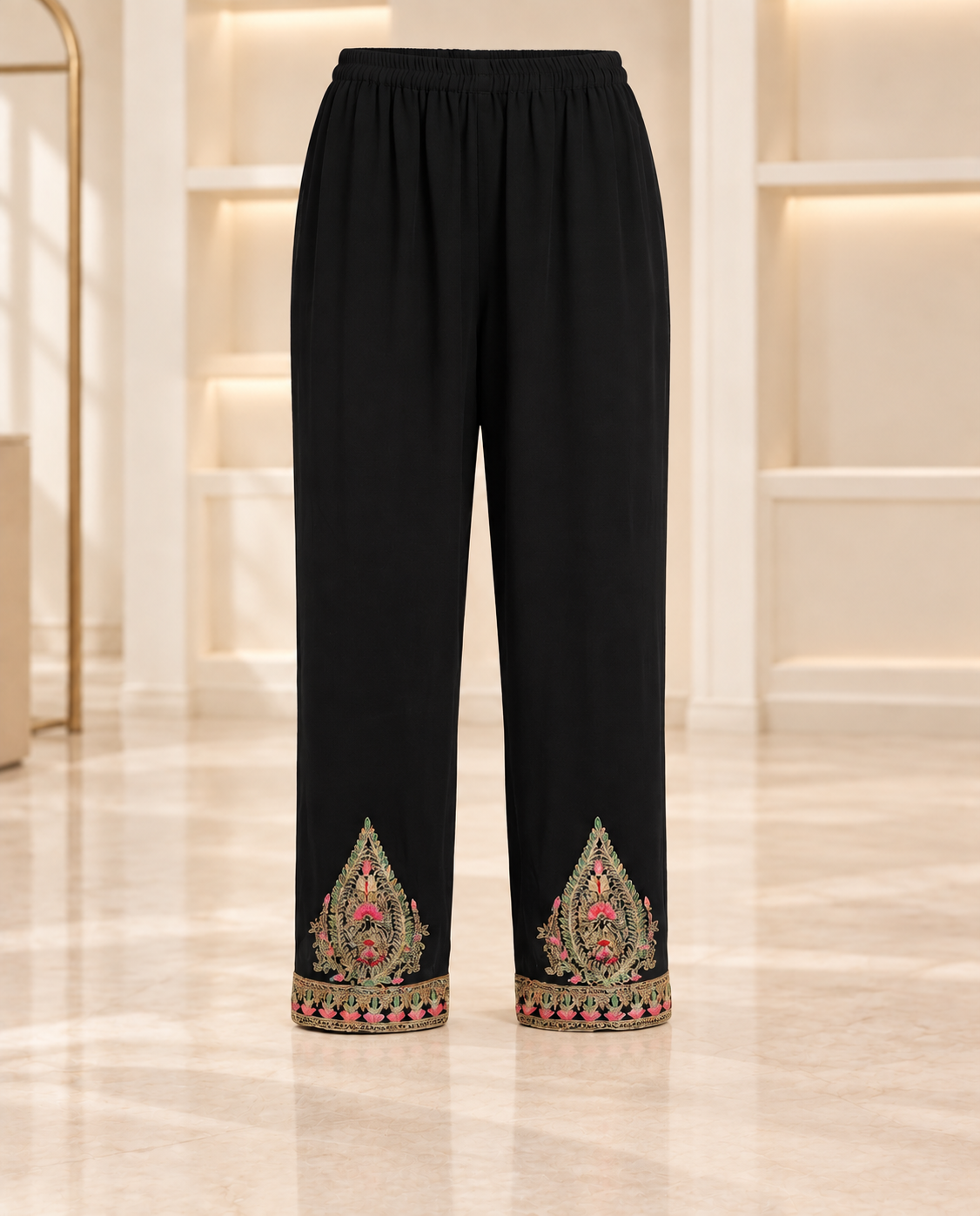 Black | Meher Embroidered Three-Piece Straight-Pant Set | straight trousers front view