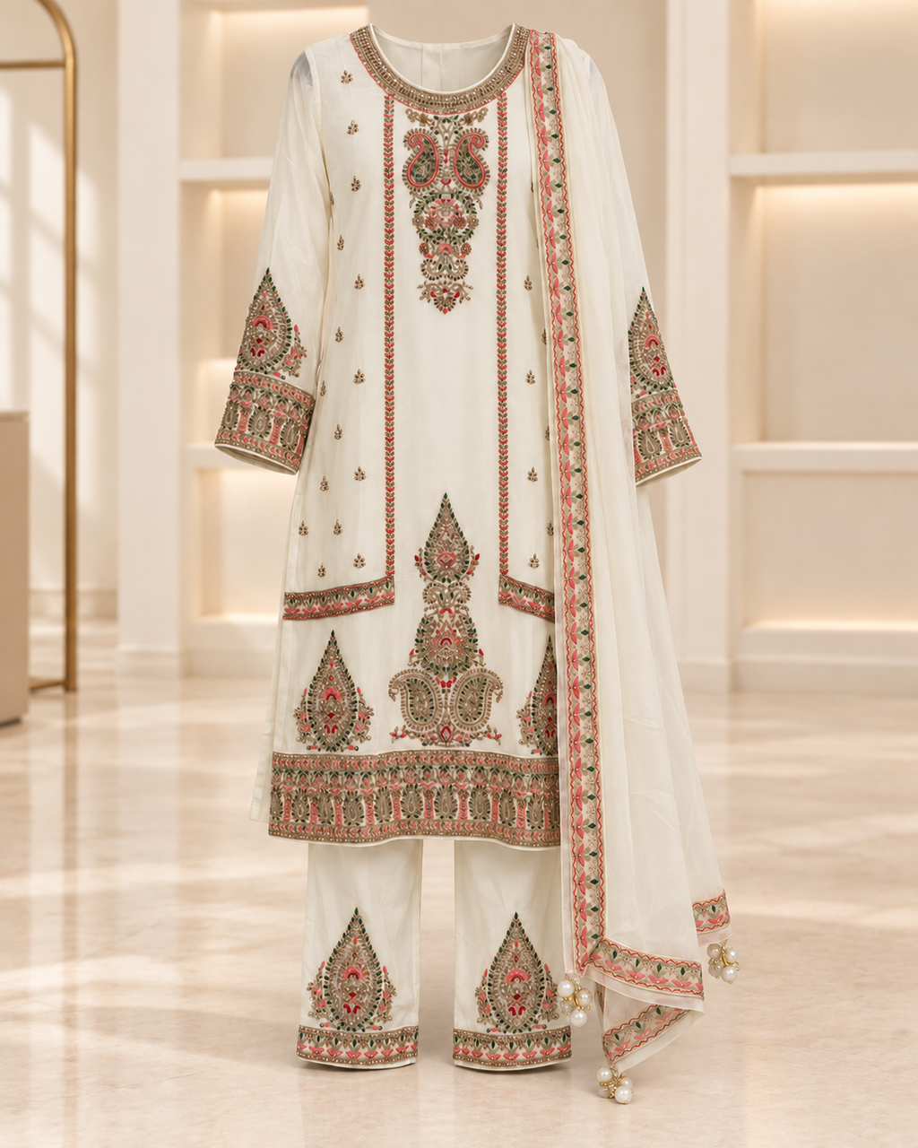 Ivory | Meher Embroidered Three-Piece Straight-Pant Set | complete three-piece outfit front view