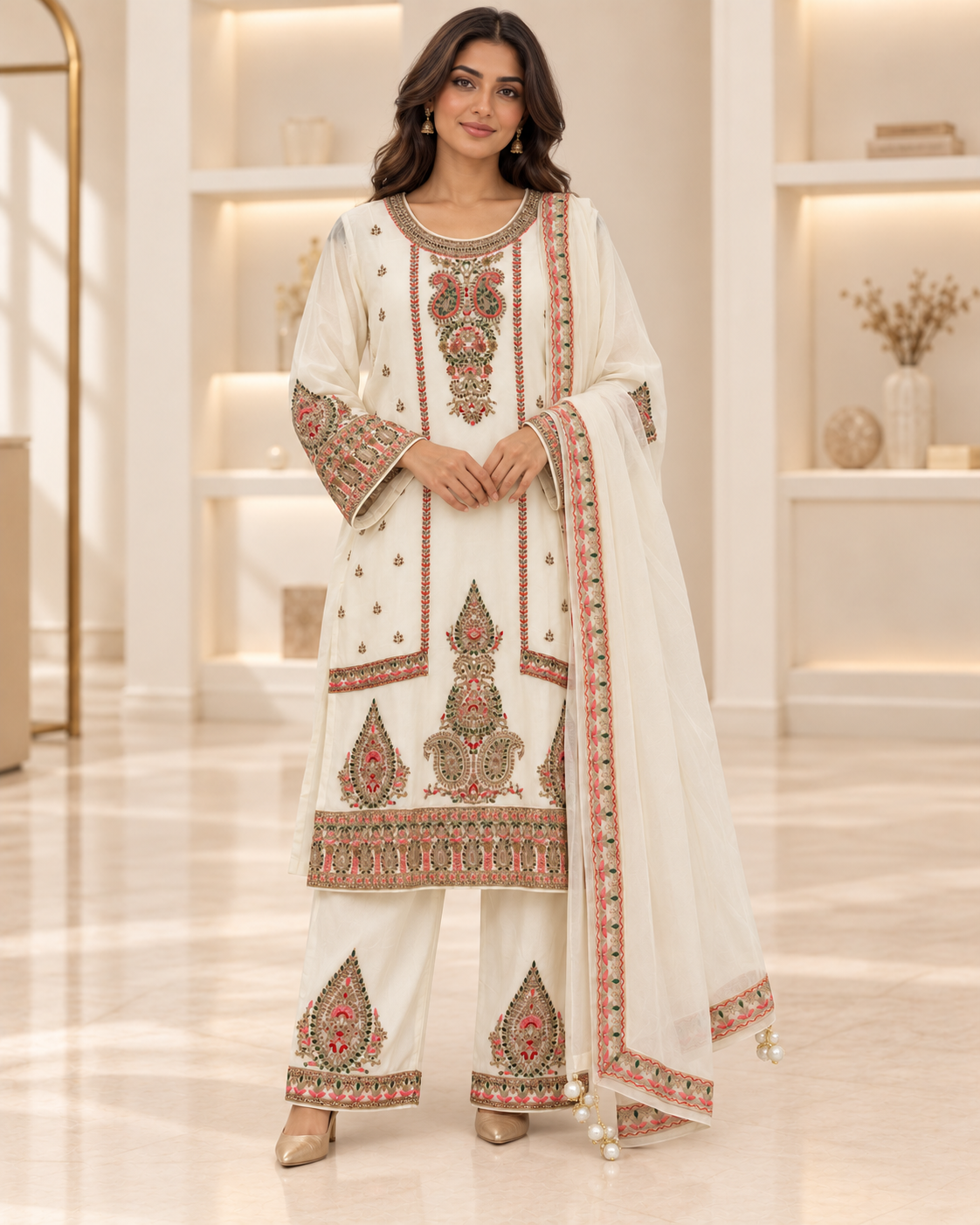 Ivory | Meher Embroidered Three-Piece Straight-Pant Set | model wearing the complete outfit
