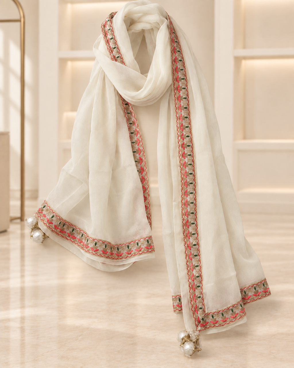 Ivory | Meher Embroidered Three-Piece Straight-Pant Set | dupatta scarf