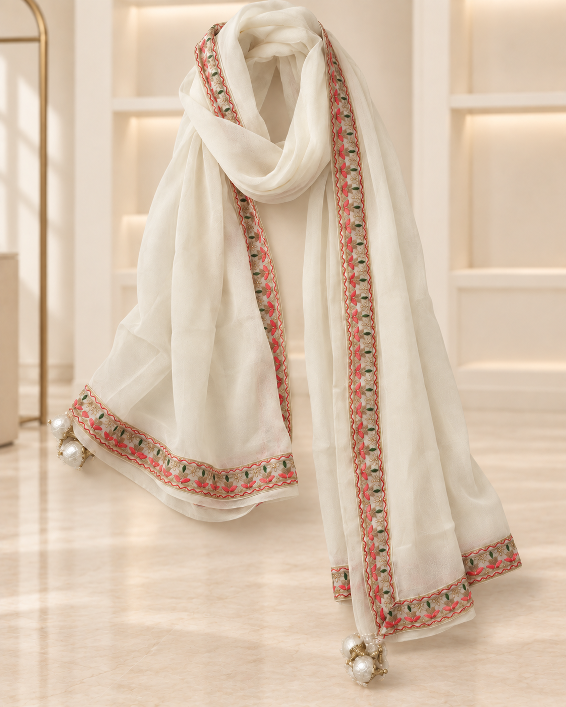 Ivory | Meher Embroidered Three-Piece Straight-Pant Set | dupatta scarf
