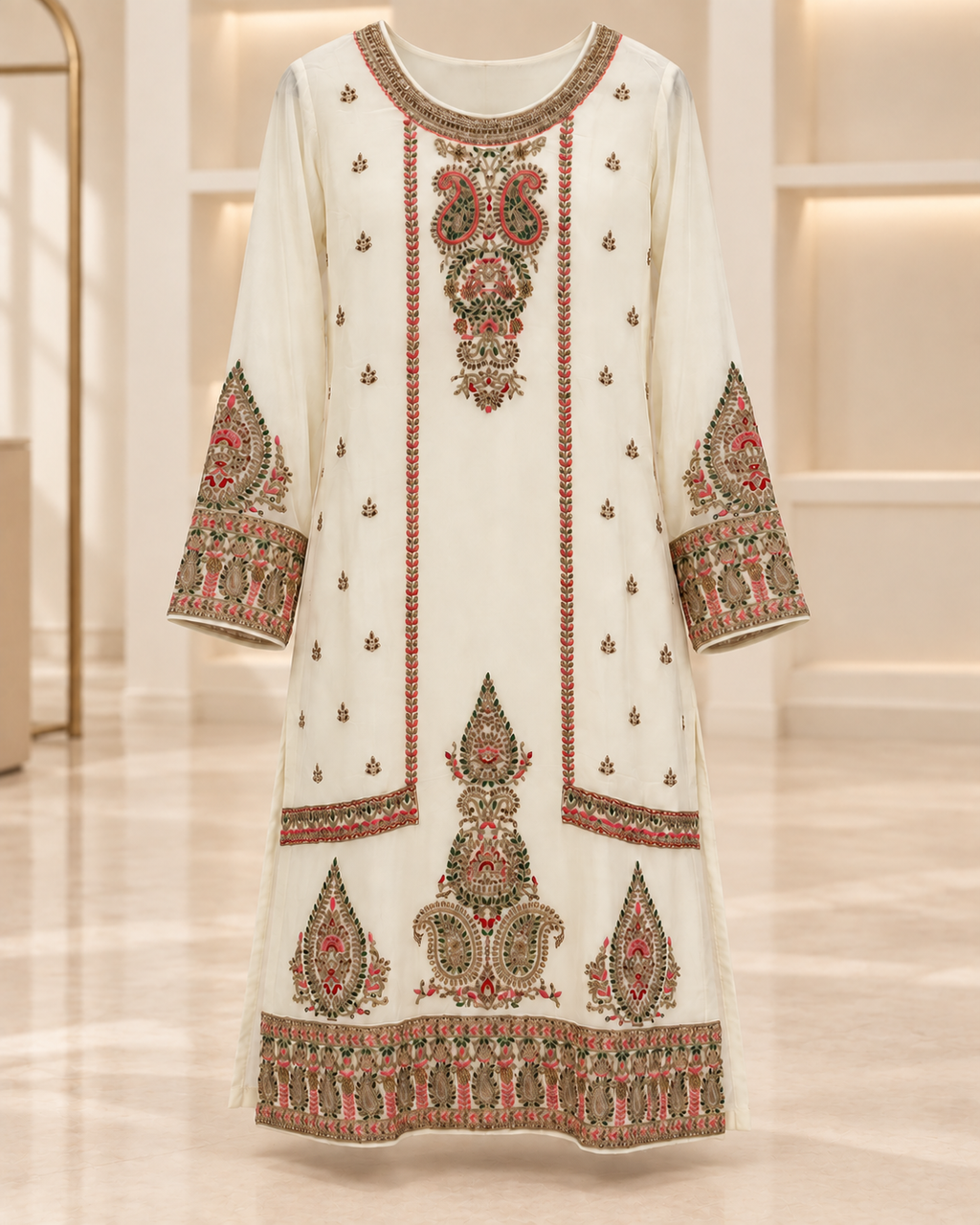 Ivory | Meher Embroidered Three-Piece Straight-Pant Set | embroidered kurta front view