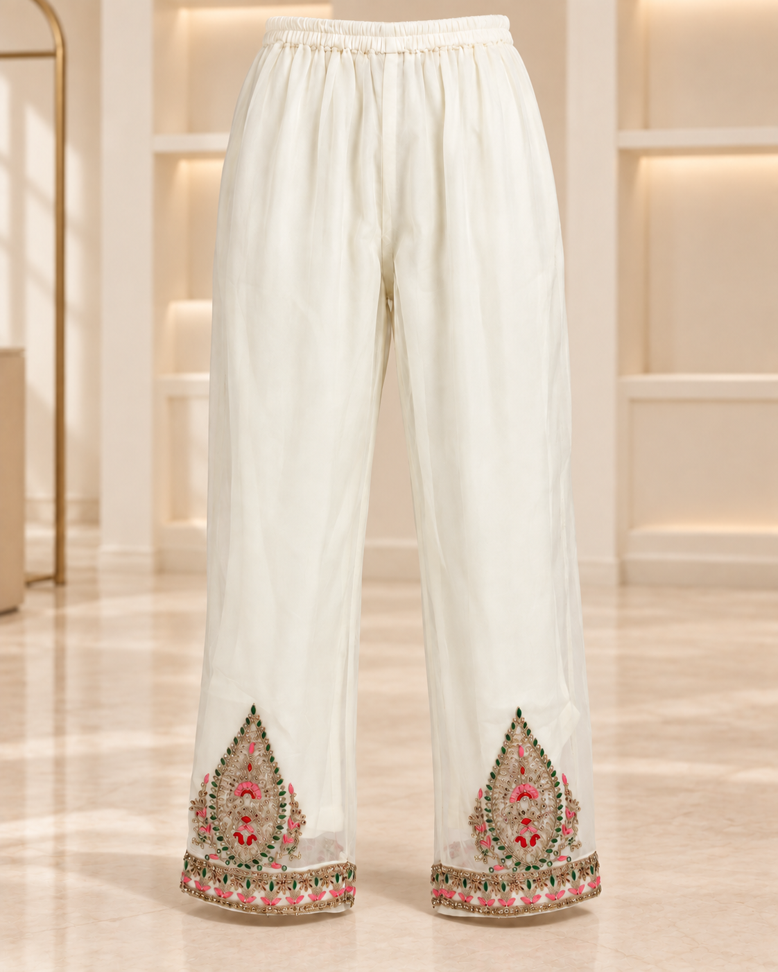 Ivory | Meher Embroidered Three-Piece Straight-Pant Set | straight trousers front view