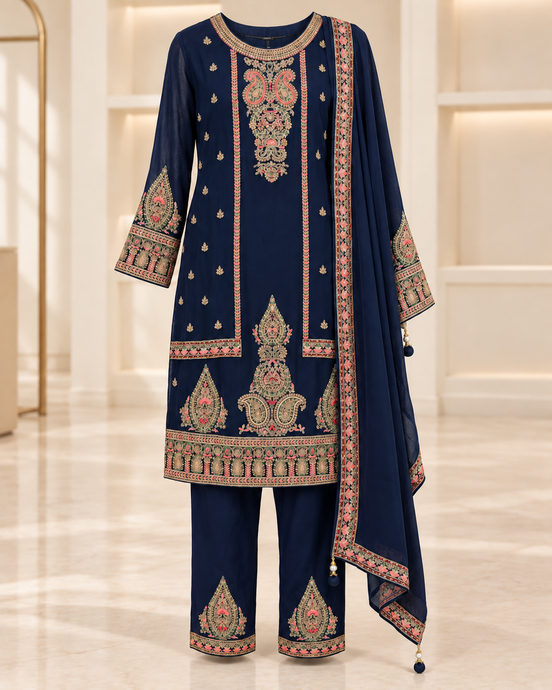 Navy | Meher Embroidered Three-Piece Straight-Pant Set | complete three-piece outfit front view