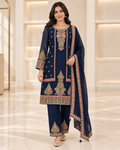 Navy | Meher Embroidered Three-Piece Straight-Pant Set | model wearing the complete outfit
