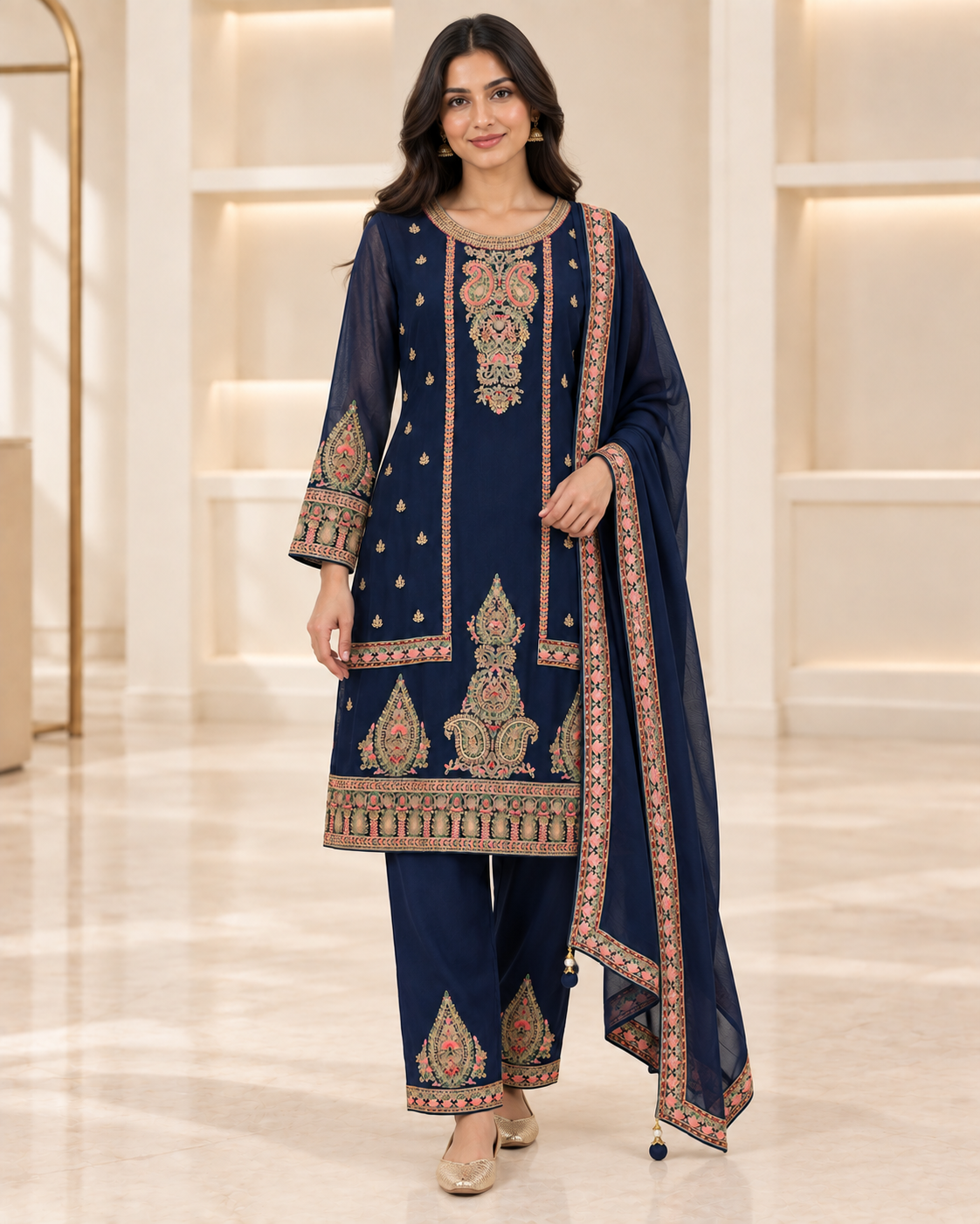 Navy | Meher Embroidered Three-Piece Straight-Pant Set | model wearing the complete outfit