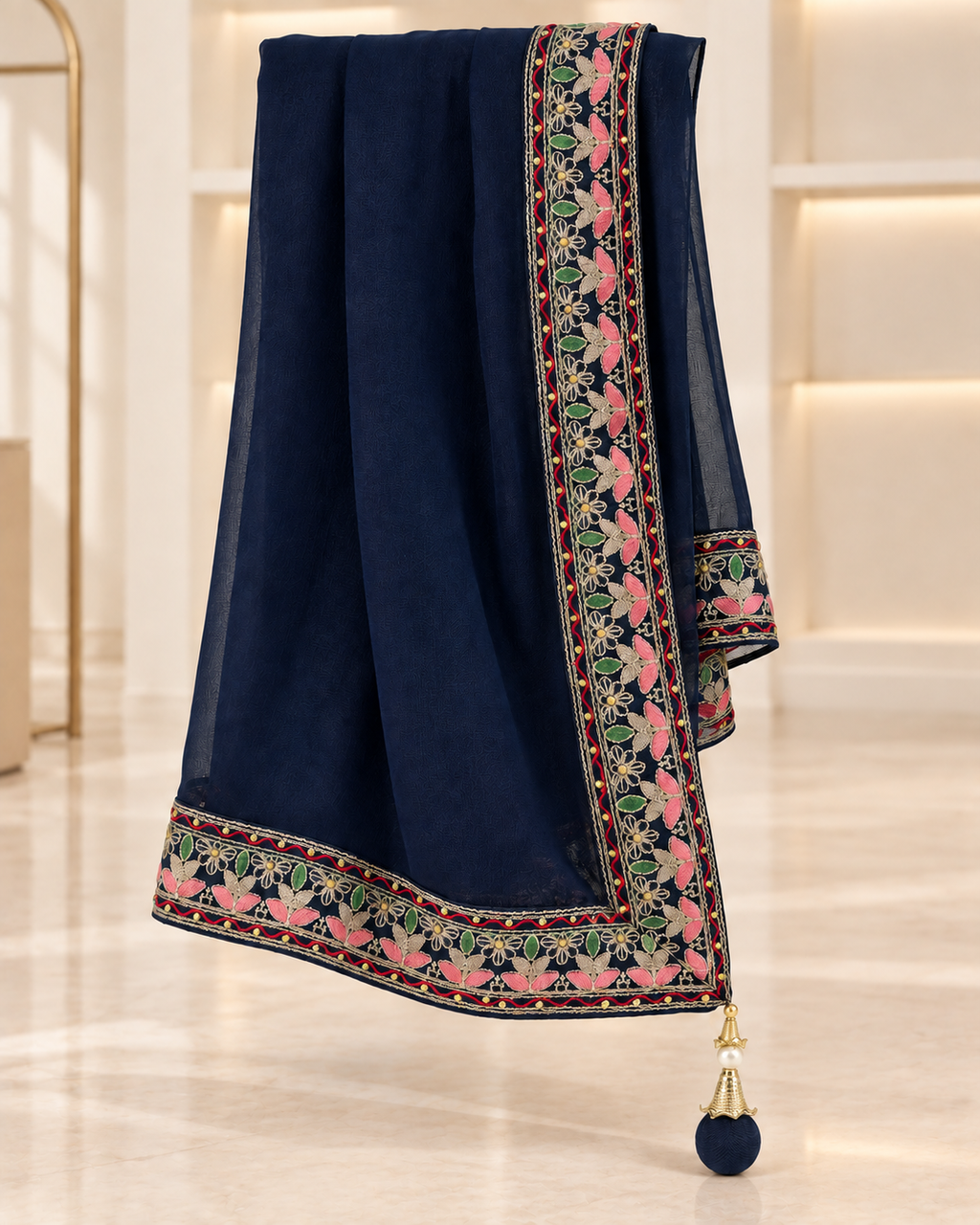 Navy | Meher Embroidered Three-Piece Straight-Pant Set | dupatta scarf