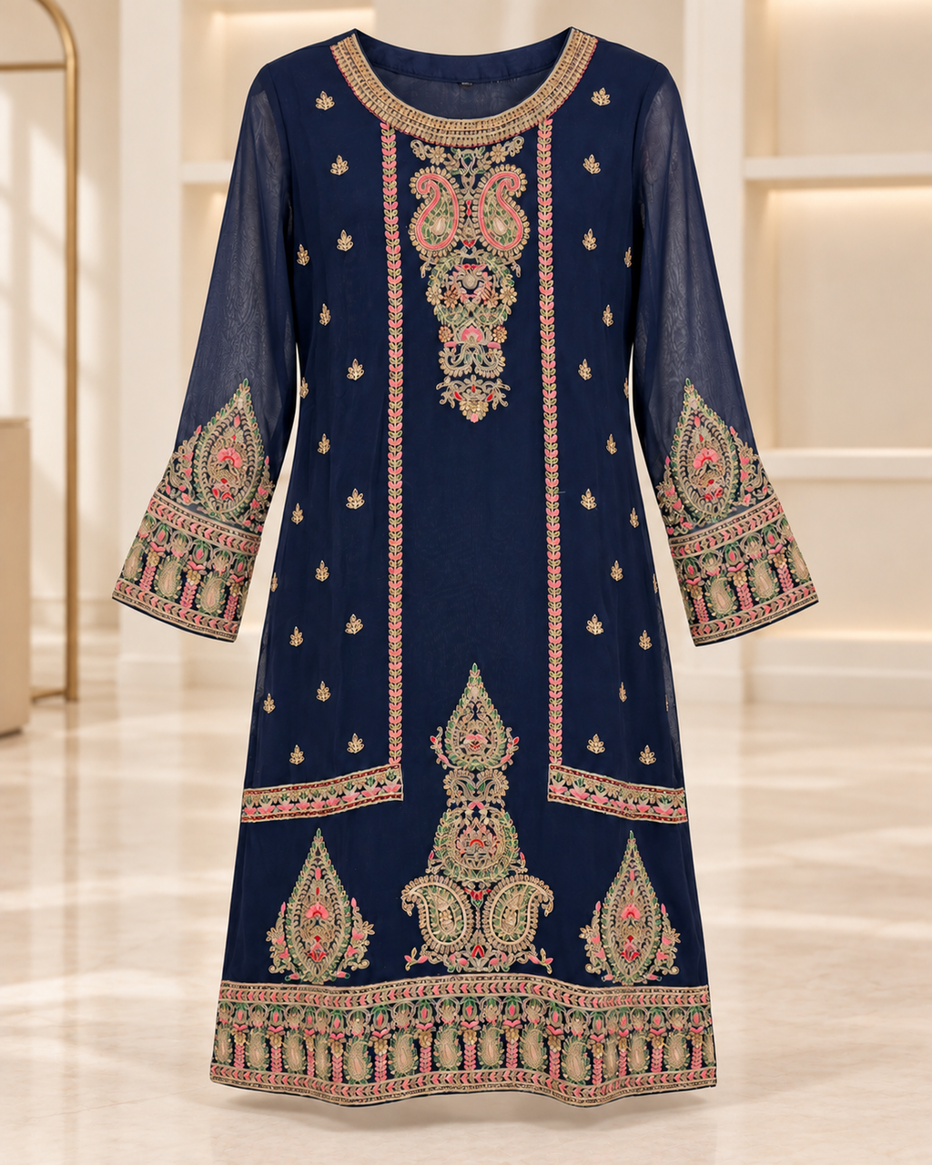 Navy | Meher Embroidered Three-Piece Straight-Pant Set | embroidered kurta front view