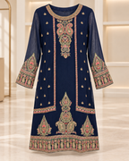 Navy | Meher Embroidered Three-Piece Straight-Pant Set | embroidered kurta front view
