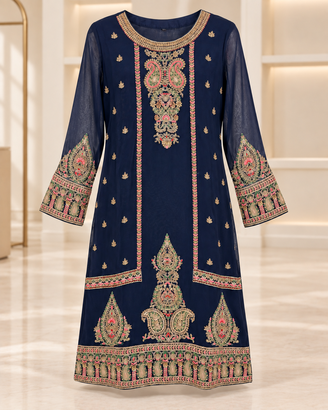 Navy | Meher Embroidered Three-Piece Straight-Pant Set | embroidered kurta front view