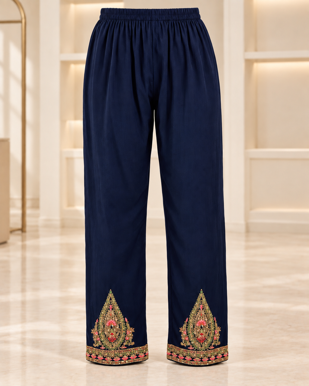 Navy | Meher Embroidered Three-Piece Straight-Pant Set | straight trousers front view