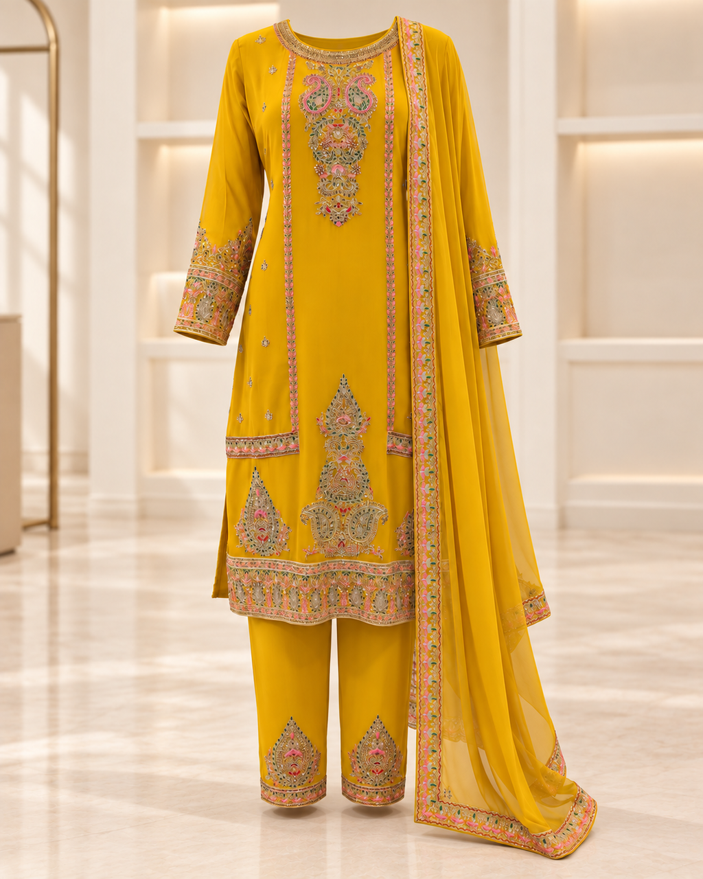 Yellow | Meher Embroidered Three-Piece Straight-Pant Set | complete three-piece outfit front view