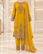 Yellow | Meher Embroidered Three-Piece Straight-Pant Set | complete three-piece outfit front view