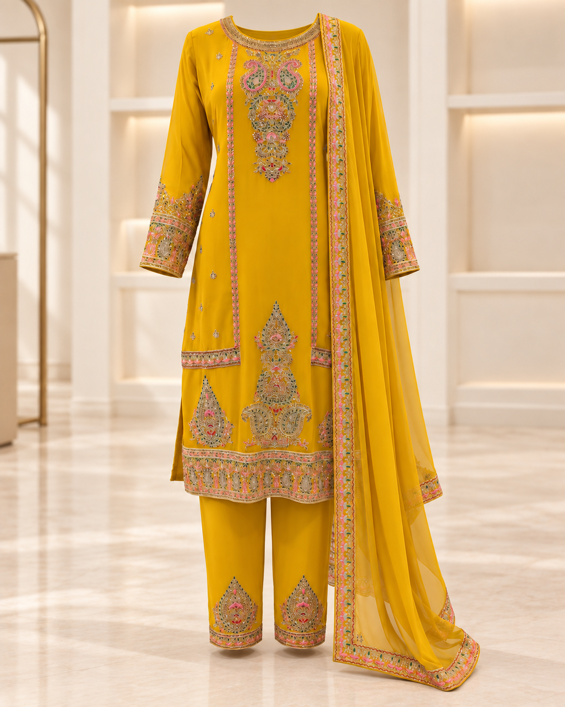 Yellow | Meher Embroidered Three-Piece Straight-Pant Set | complete three-piece outfit front view