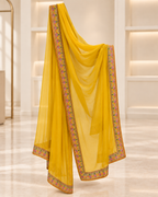 Yellow | Meher Embroidered Three-Piece Straight-Pant Set | dupatta scarf