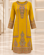 Yellow | Meher Embroidered Three-Piece Straight-Pant Set | embroidered kurta front view