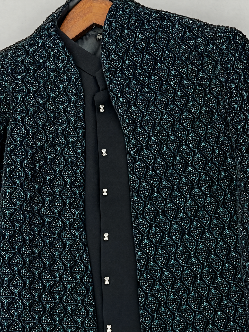 Midnight Teal | Beaded Three-Piece Sherwani Set | close-up detail of chest beadwork, front fasteners and plain inner collar