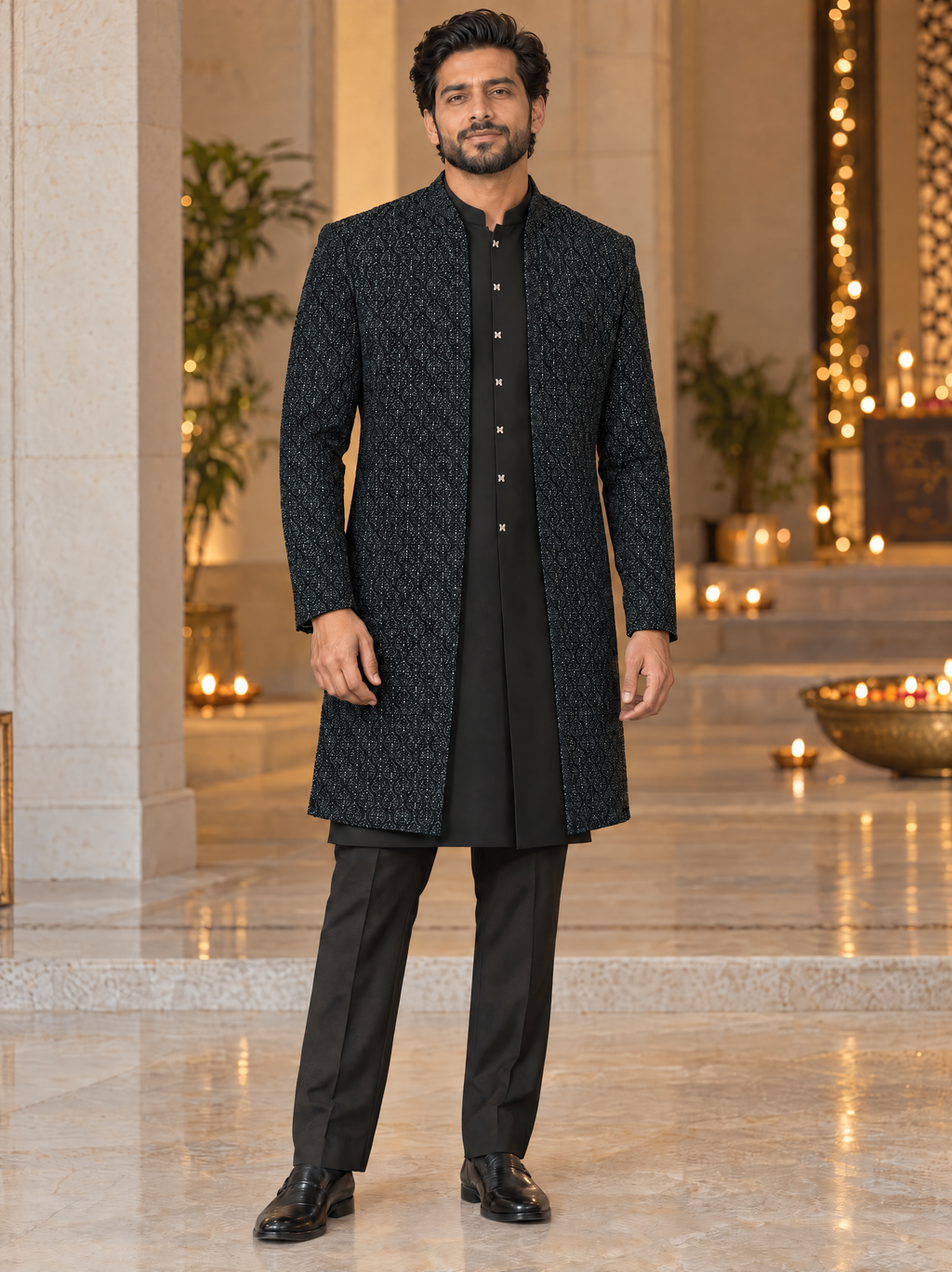 Midnight Teal | Beaded Three-Piece Sherwani Set | AI-styled model view of the complete long coat, inner garment and trousers