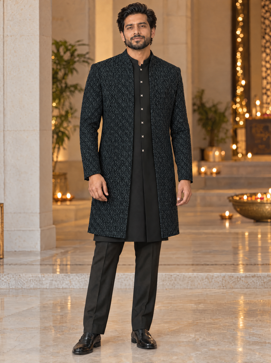 Midnight Teal | Beaded Three-Piece Sherwani Set | AI-styled model view of the complete long coat, inner garment and trousers