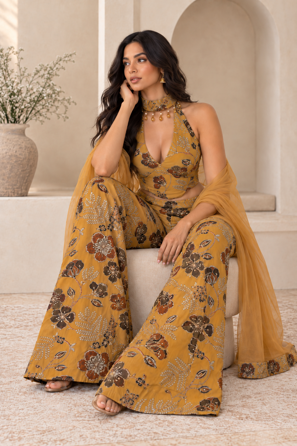 Seated model wearing the mustard embroidered halter top, palazzo trousers and sheer scarf.
