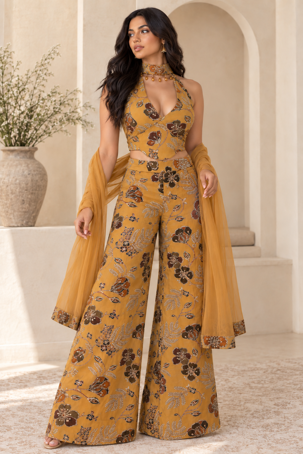 Full-length angled model view of the mustard embroidered three-piece palazzo set.