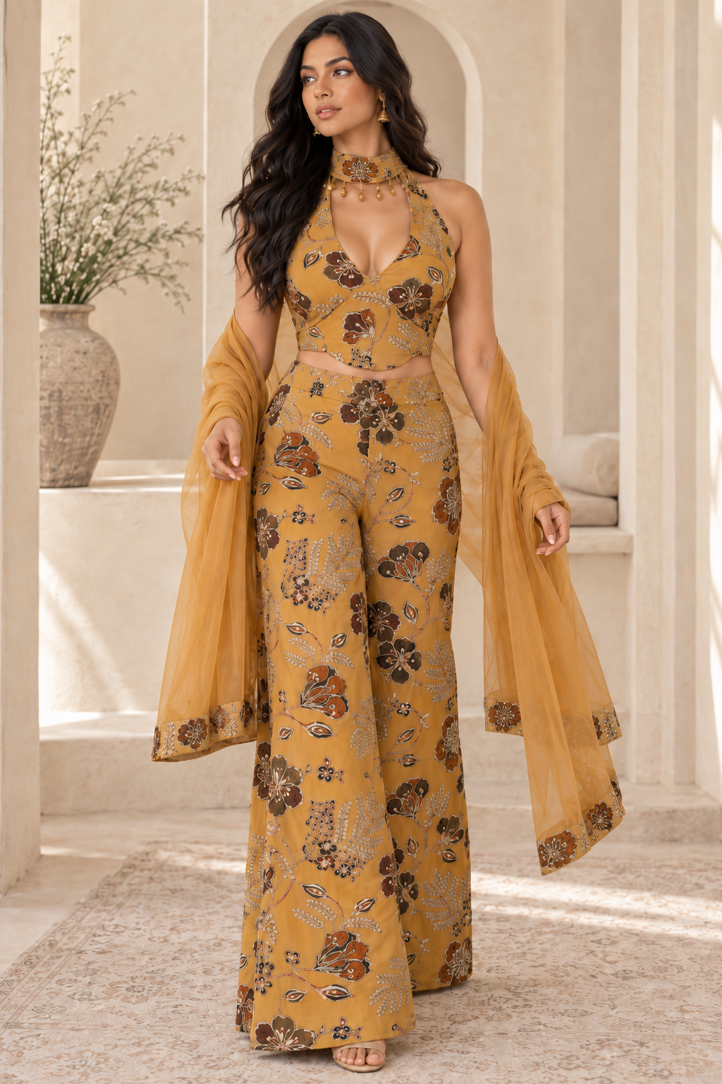 Model taking a small step in the mustard embroidered palazzo set with sheer scarf.