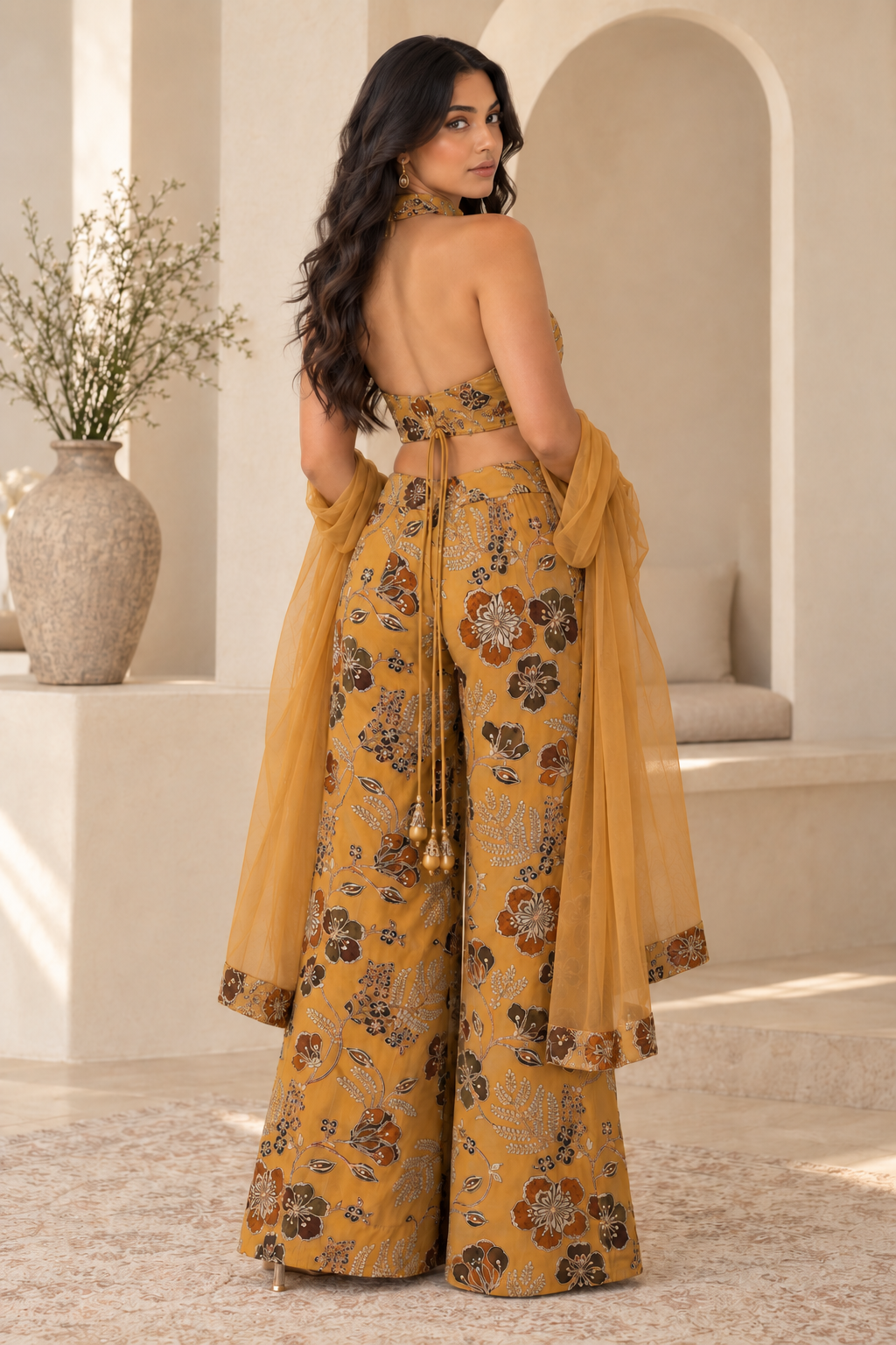 Rear three-quarter model view of the mustard palazzo set, open-back halter top, ties and sheer scarf.