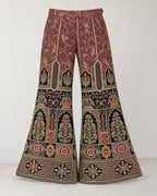 Digital garment presentation: Wide flared palazzo trousers shown alone with floral vines, decorative lower panels and complete hems.