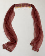 Digital garment presentation: Wine-coloured scarf with an embroidered central band, bead drops, sheer lengths and decorated ends.